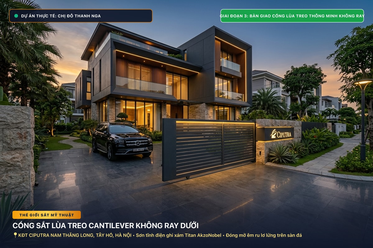 Thi Công Cổng Sắt Lùa Treo Cantilever Cho Chị Nga Tại KĐT Ciputra - Toàn cảnh hoàn thiện thực tế