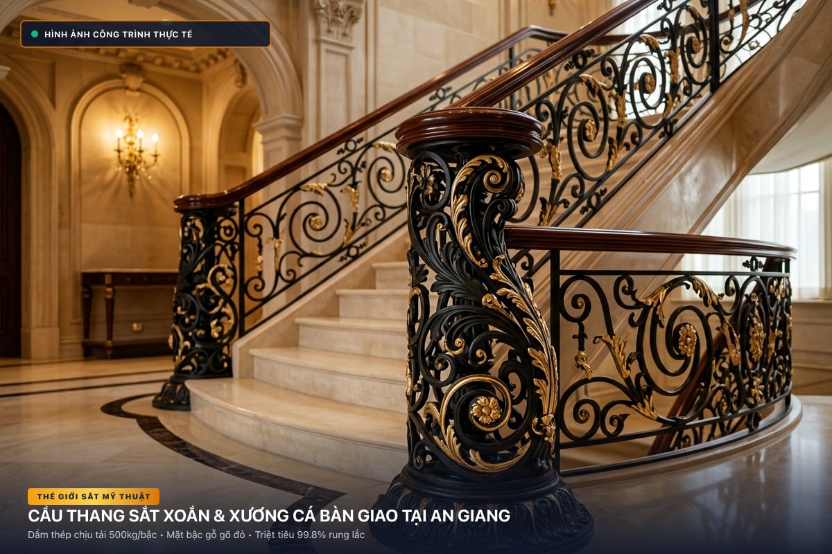 Thi công cầu thang sắt xoắn ốc 3D và xương cá dầm hộp tại An Giang - Thế Giới Sắt Mỹ Thuật