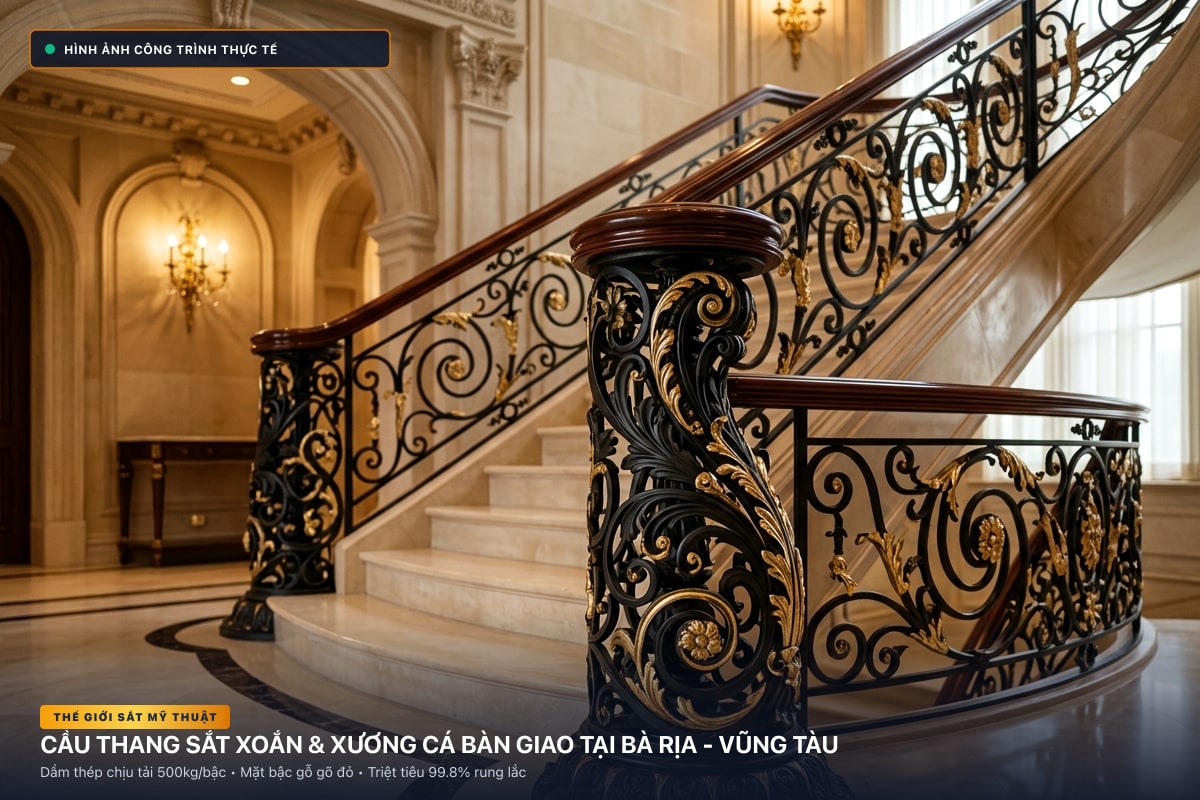 Thi công cầu thang sắt xoắn ốc 3D và xương cá dầm hộp tại Bà Rịa - Vũng Tàu - Thế Giới Sắt Mỹ Thuật