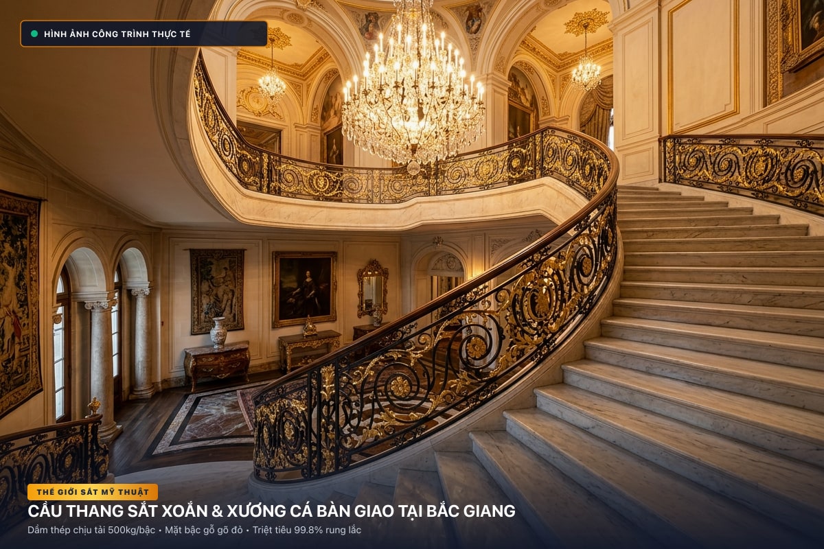 Thi công cầu thang sắt xoắn ốc 3D và xương cá dầm hộp tại Bắc Giang - Thế Giới Sắt Mỹ Thuật