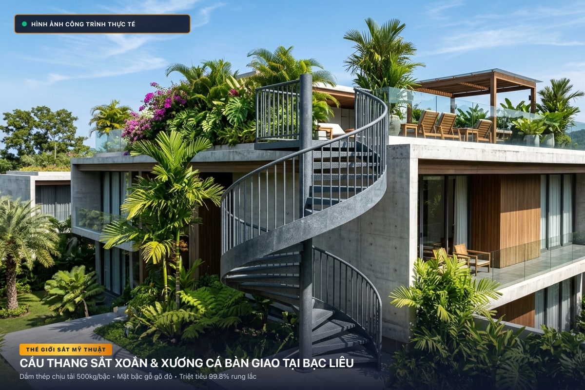 Thi công cầu thang sắt xoắn ốc 3D và xương cá dầm hộp tại Bạc Liêu - Thế Giới Sắt Mỹ Thuật