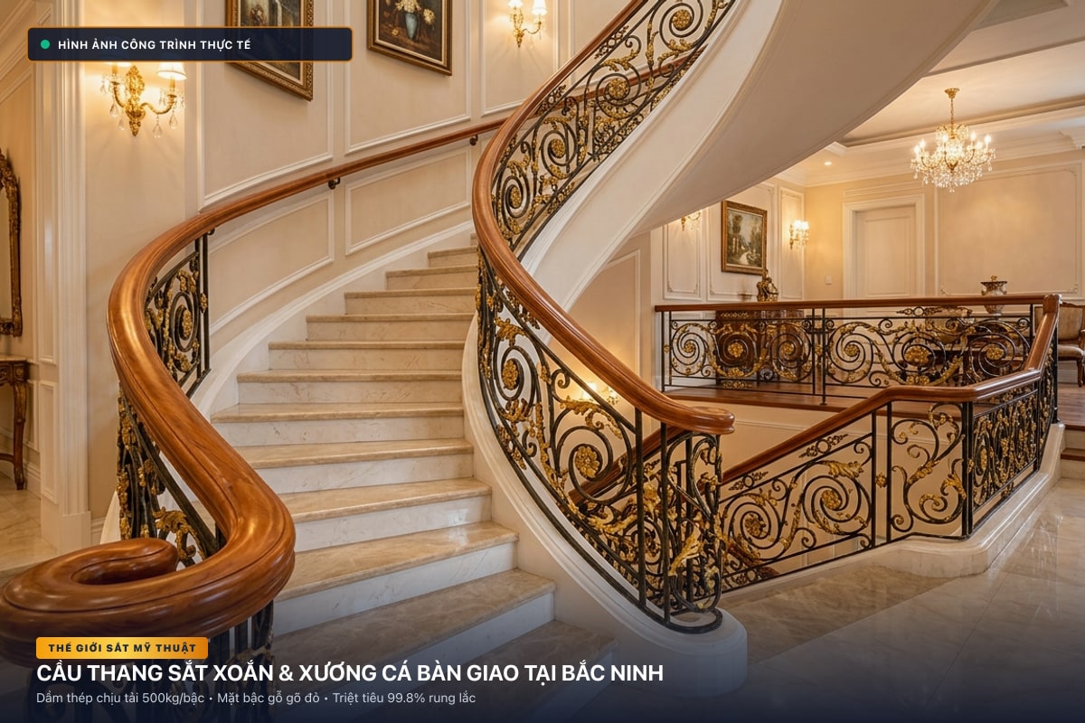 Thi công cầu thang sắt xoắn ốc 3D và xương cá dầm hộp tại Bắc Ninh - Thế Giới Sắt Mỹ Thuật