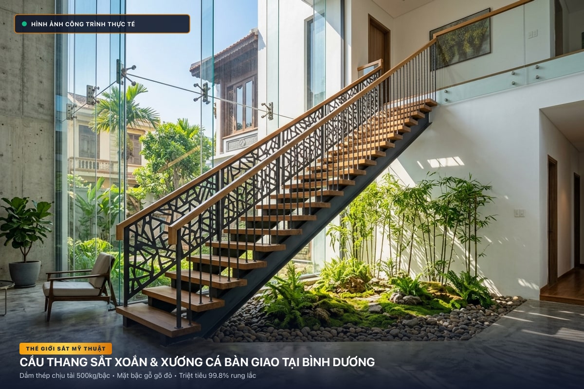 Thi công cầu thang sắt xoắn ốc 3D và xương cá dầm hộp tại Bình Dương - Thế Giới Sắt Mỹ Thuật