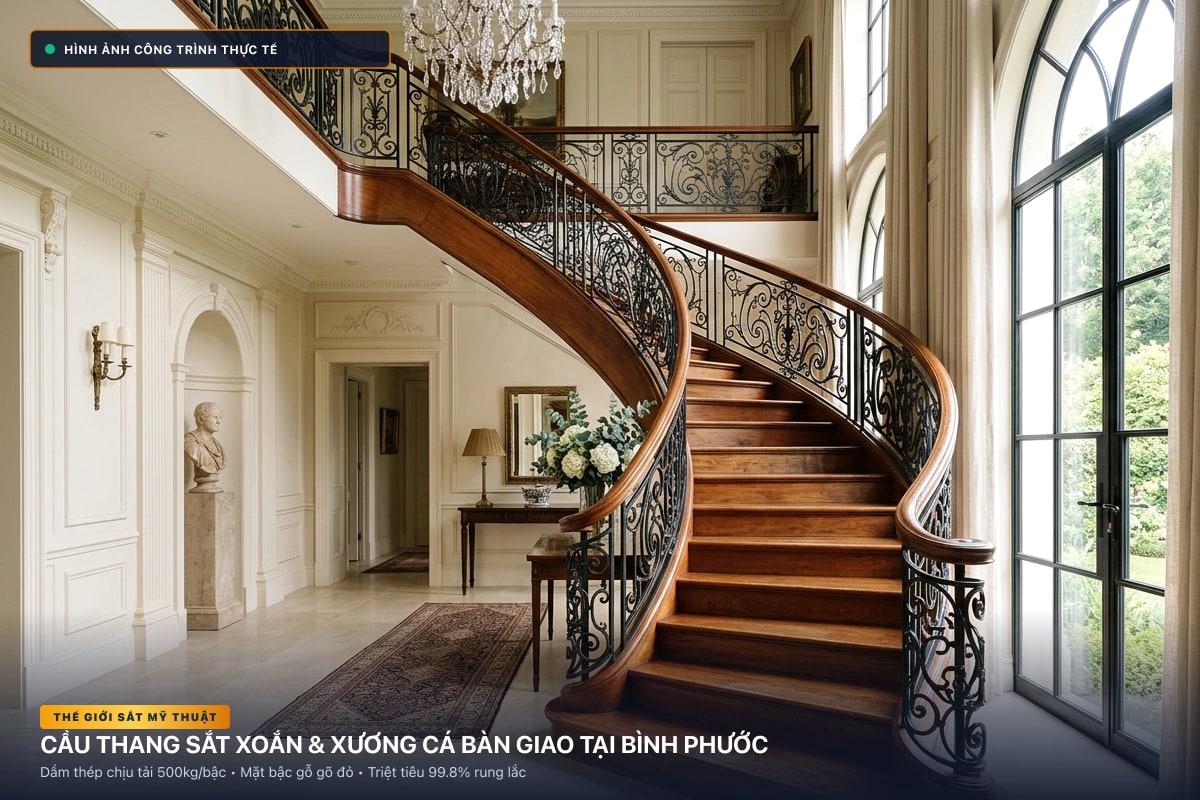 Thi công cầu thang sắt xoắn ốc 3D và xương cá dầm hộp tại Bình Phước - Thế Giới Sắt Mỹ Thuật