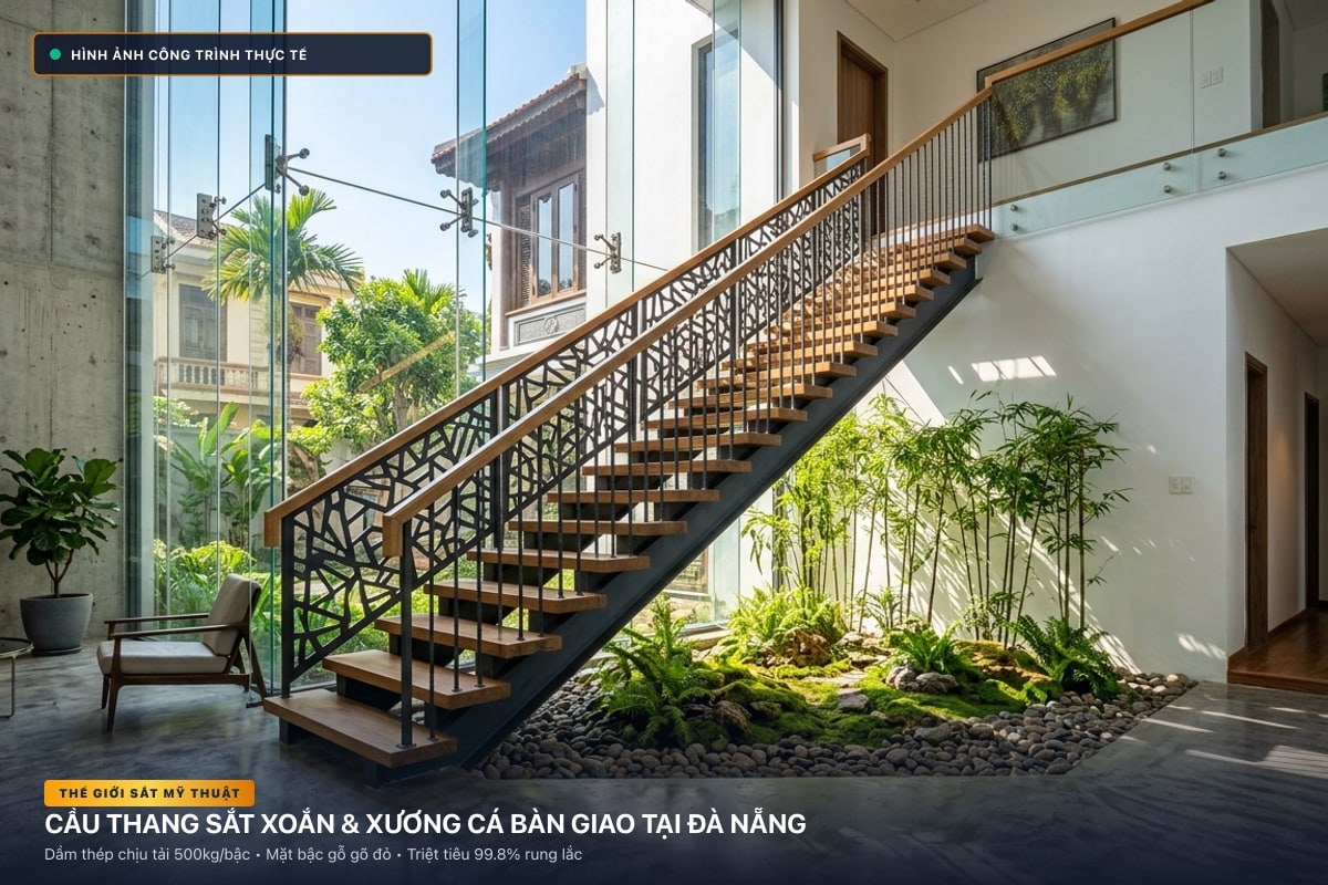 Thi công cầu thang sắt xoắn ốc 3D và xương cá dầm hộp tại Đà Nẵng - Thế Giới Sắt Mỹ Thuật