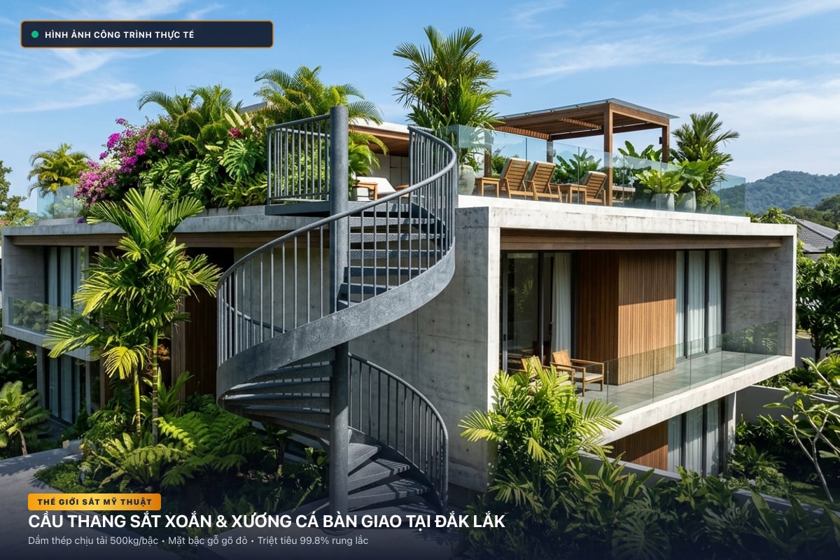 Thi công cầu thang sắt xoắn ốc 3D và xương cá dầm hộp tại Đắk Lắk - Thế Giới Sắt Mỹ Thuật