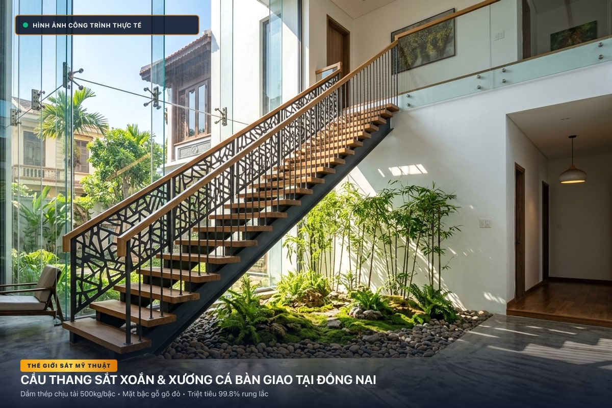 Thi công cầu thang sắt xoắn ốc 3D và xương cá dầm hộp tại Đồng Nai - Thế Giới Sắt Mỹ Thuật