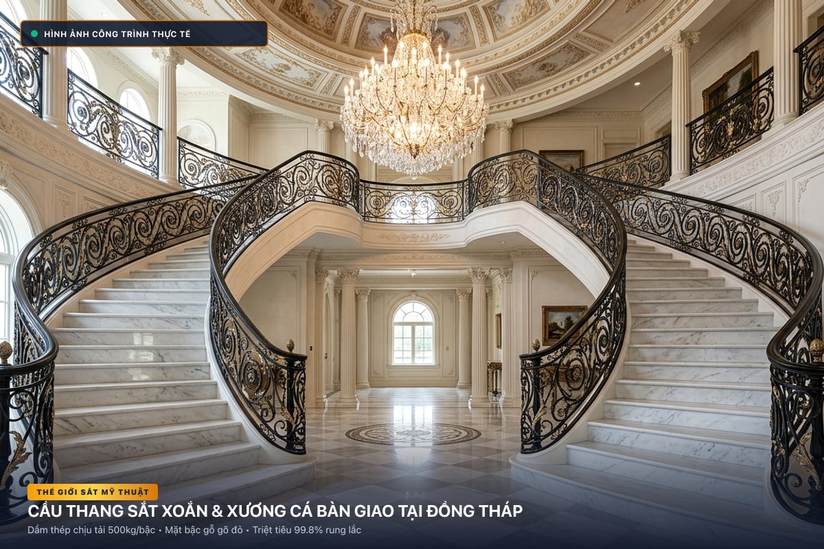 Thi công cầu thang sắt xoắn ốc 3D và xương cá dầm hộp tại Đồng Tháp - Thế Giới Sắt Mỹ Thuật