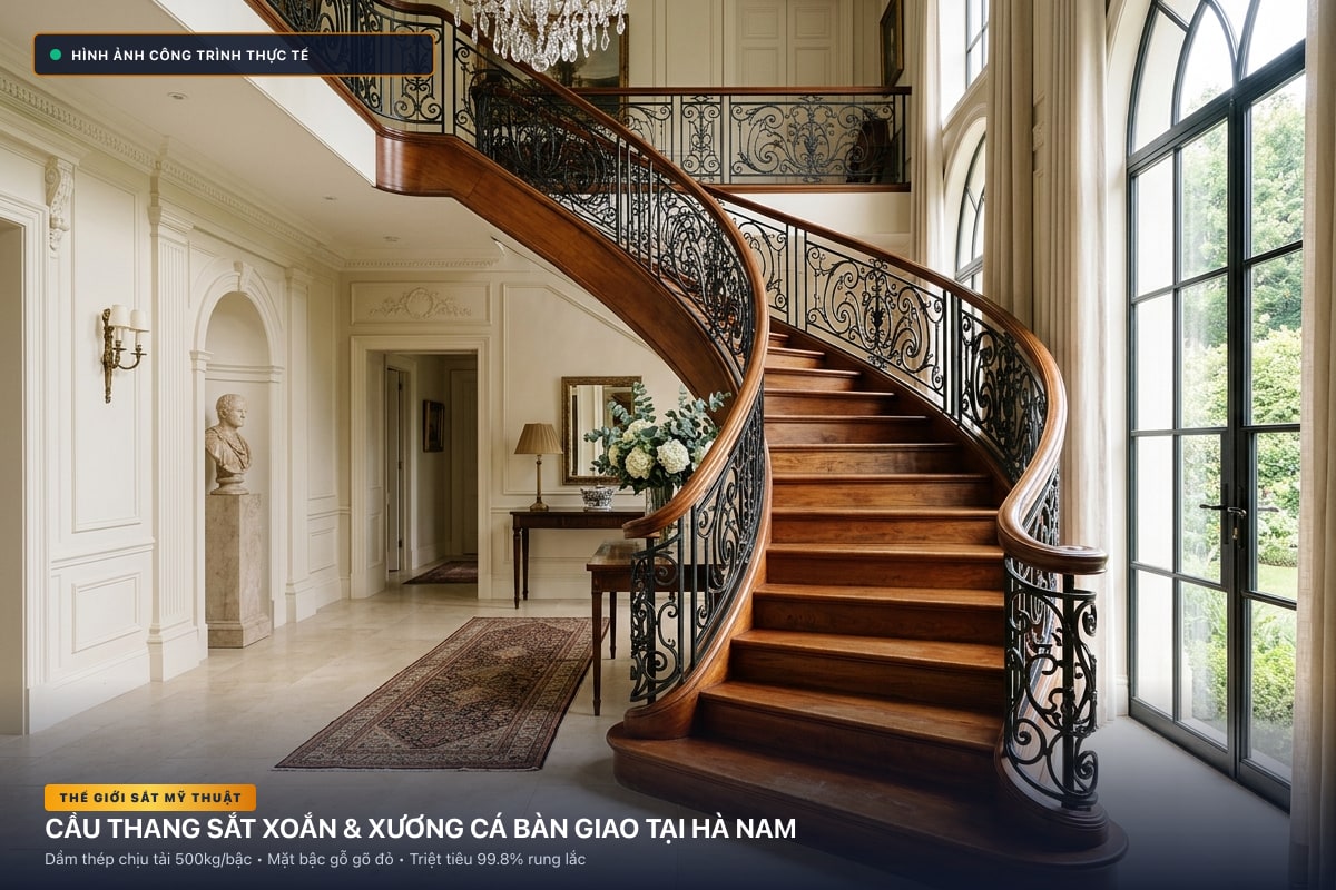 Thi công cầu thang sắt xoắn ốc 3D và xương cá dầm hộp tại Hà Nam - Thế Giới Sắt Mỹ Thuật