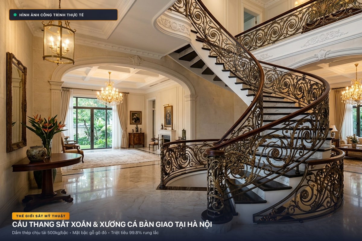 Thi công cầu thang sắt xoắn ốc 3D và xương cá dầm hộp tại Hà Nội - Thế Giới Sắt Mỹ Thuật