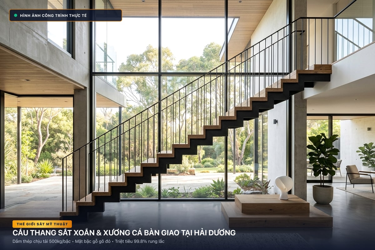 Thi công cầu thang sắt xoắn ốc 3D và xương cá dầm hộp tại Hải Dương - Thế Giới Sắt Mỹ Thuật