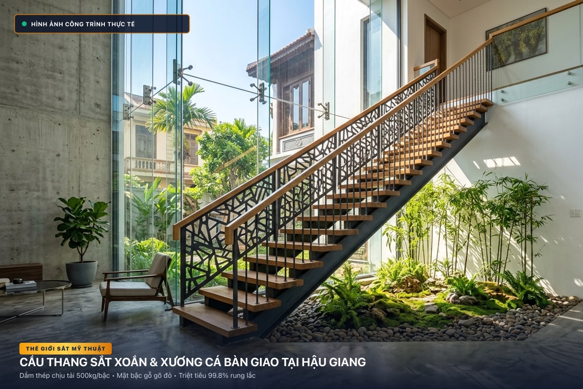 Thi công cầu thang sắt xoắn ốc 3D và xương cá dầm hộp tại Hậu Giang - Thế Giới Sắt Mỹ Thuật