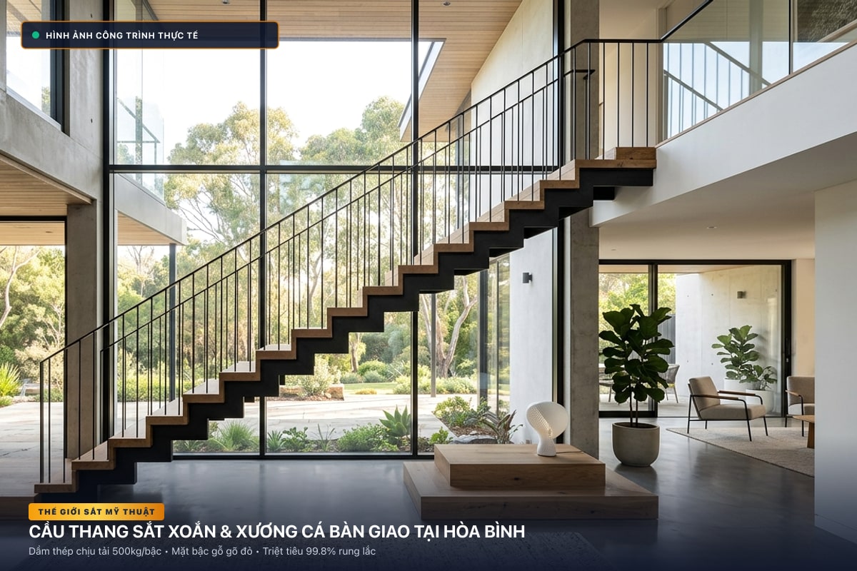 Thi công cầu thang sắt xoắn ốc 3D và xương cá dầm hộp tại Hòa Bình - Thế Giới Sắt Mỹ Thuật