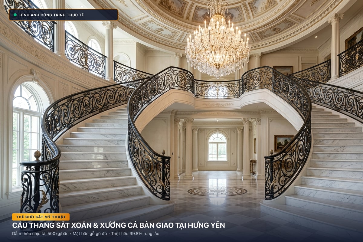 Thi công cầu thang sắt xoắn ốc 3D và xương cá dầm hộp tại Hưng Yên - Thế Giới Sắt Mỹ Thuật