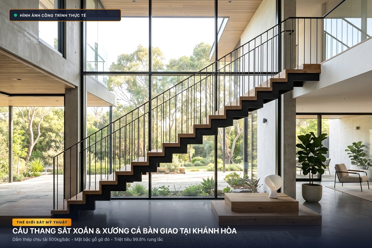 Thi công cầu thang sắt xoắn ốc 3D và xương cá dầm hộp tại Khánh Hòa - Thế Giới Sắt Mỹ Thuật