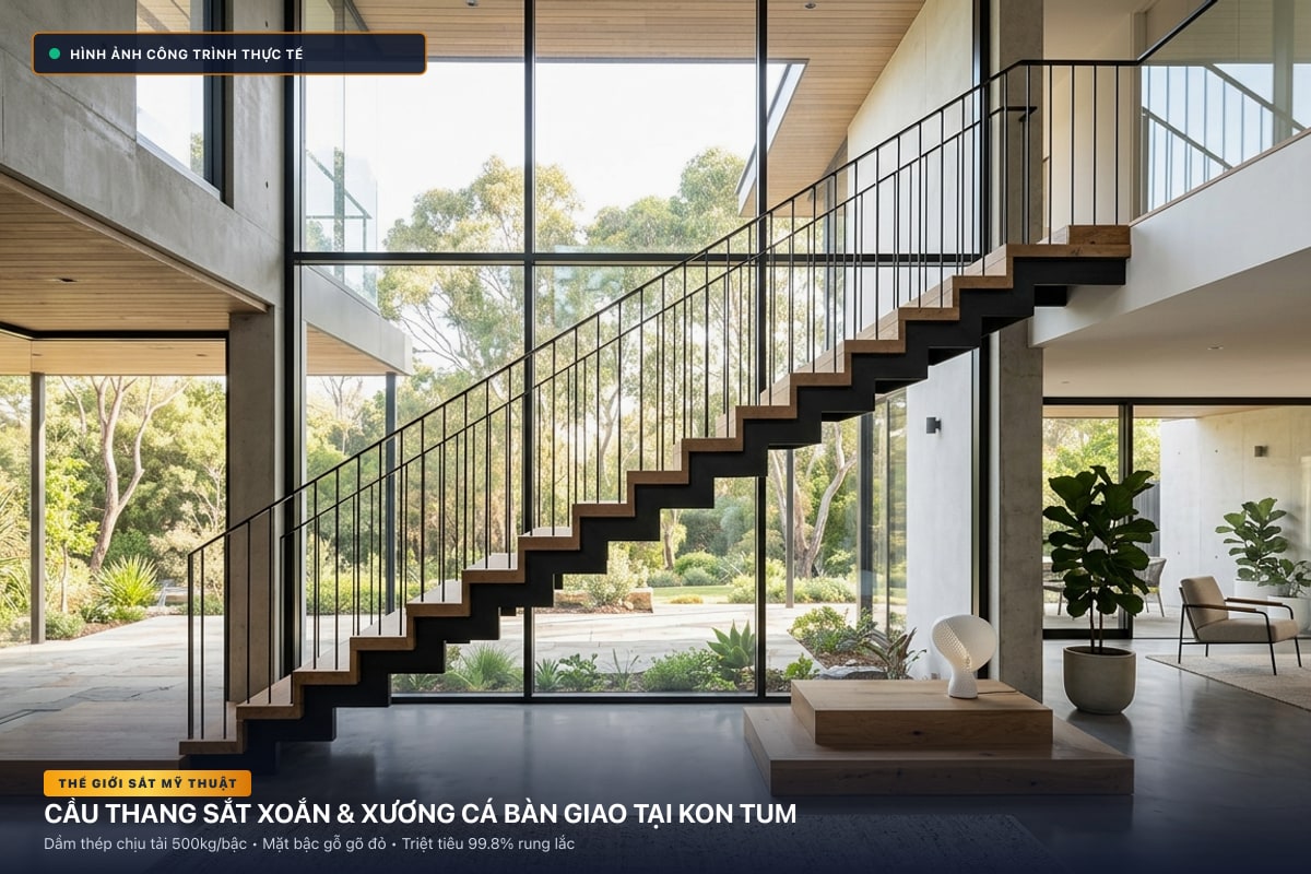 Thi công cầu thang sắt xoắn ốc 3D và xương cá dầm hộp tại Kon Tum - Thế Giới Sắt Mỹ Thuật