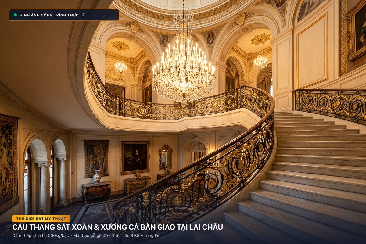Thi công cầu thang sắt xoắn ốc 3D và xương cá dầm hộp tại Lai Châu - Thế Giới Sắt Mỹ Thuật