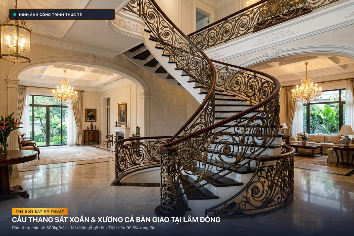 Thi công cầu thang sắt xoắn ốc 3D và xương cá dầm hộp tại Lâm Đồng - Thế Giới Sắt Mỹ Thuật