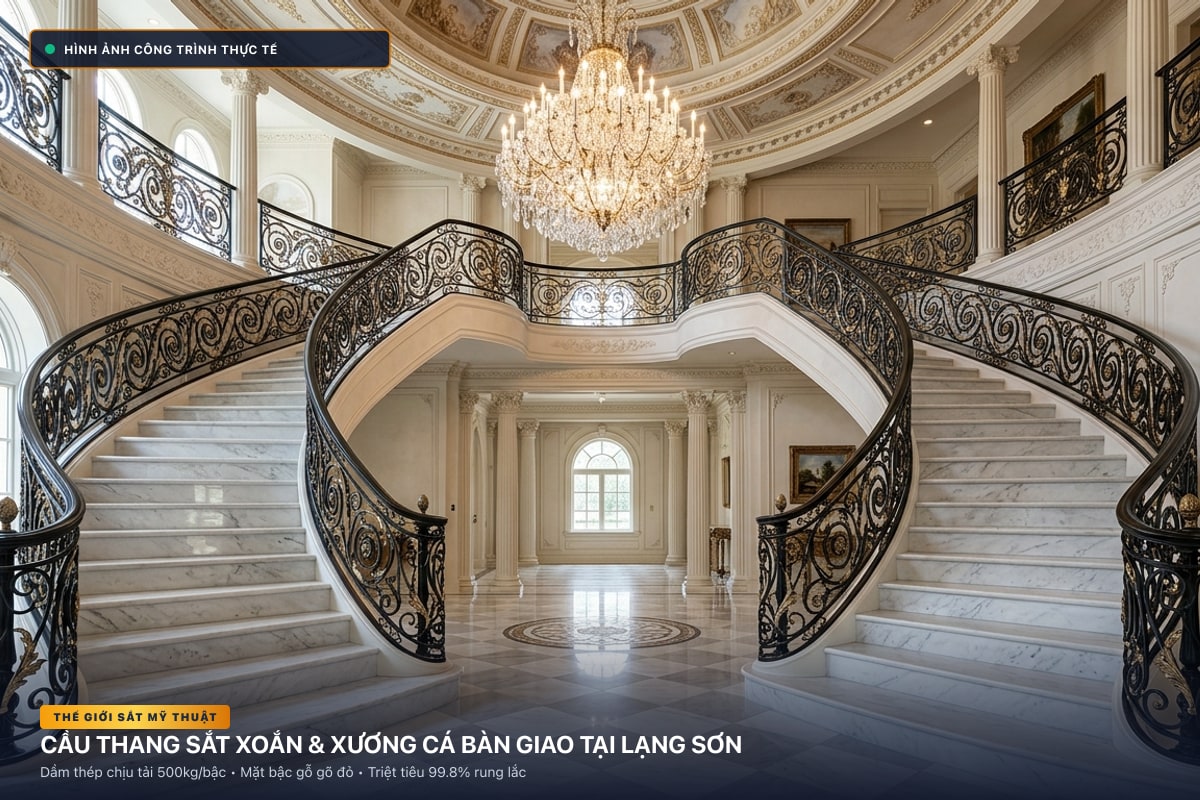 Thi công cầu thang sắt xoắn ốc 3D và xương cá dầm hộp tại Lạng Sơn - Thế Giới Sắt Mỹ Thuật