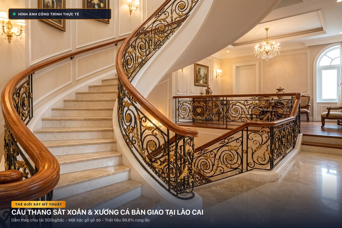 Thi công cầu thang sắt xoắn ốc 3D và xương cá dầm hộp tại Lào Cai - Thế Giới Sắt Mỹ Thuật