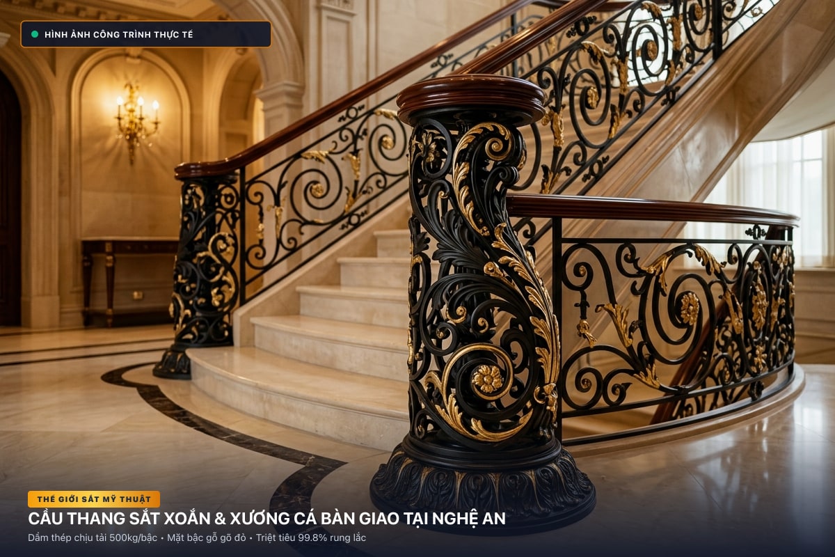 Thi công cầu thang sắt xoắn ốc 3D và xương cá dầm hộp tại Nghệ An - Thế Giới Sắt Mỹ Thuật