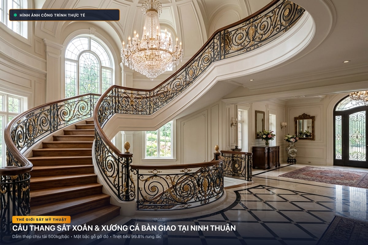 Thi công cầu thang sắt xoắn ốc 3D và xương cá dầm hộp tại Ninh Thuận - Thế Giới Sắt Mỹ Thuật