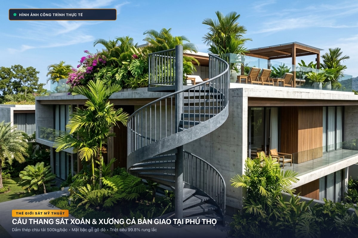 Thi công cầu thang sắt xoắn ốc 3D và xương cá dầm hộp tại Phú Thọ - Thế Giới Sắt Mỹ Thuật