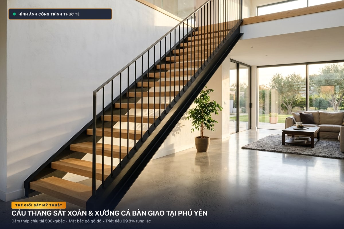 Thi công cầu thang sắt xoắn ốc 3D và xương cá dầm hộp tại Phú Yên - Thế Giới Sắt Mỹ Thuật