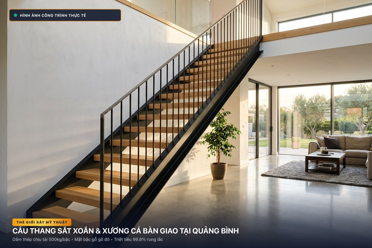 Thi công cầu thang sắt xoắn ốc 3D và xương cá dầm hộp tại Quảng Bình - Thế Giới Sắt Mỹ Thuật