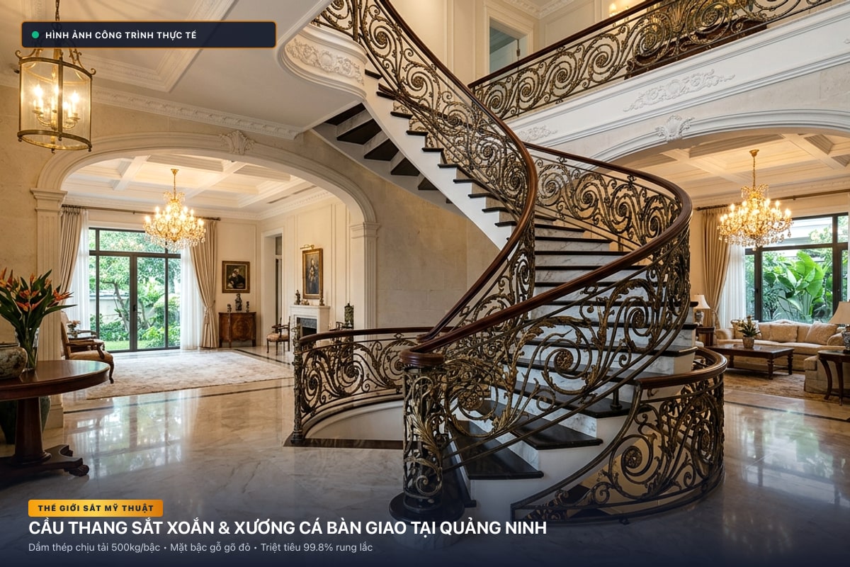 Thi công cầu thang sắt xoắn ốc 3D và xương cá dầm hộp tại Quảng Ninh - Thế Giới Sắt Mỹ Thuật