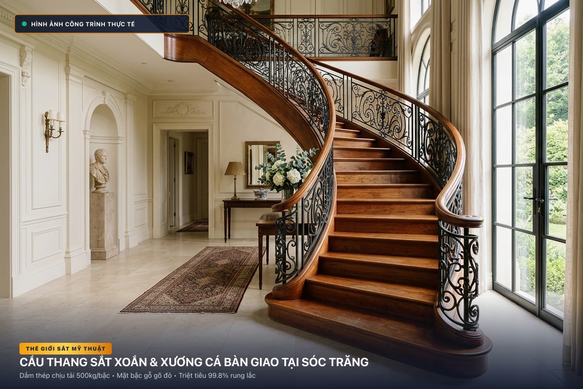 Thi công cầu thang sắt xoắn ốc 3D và xương cá dầm hộp tại Sóc Trăng - Thế Giới Sắt Mỹ Thuật