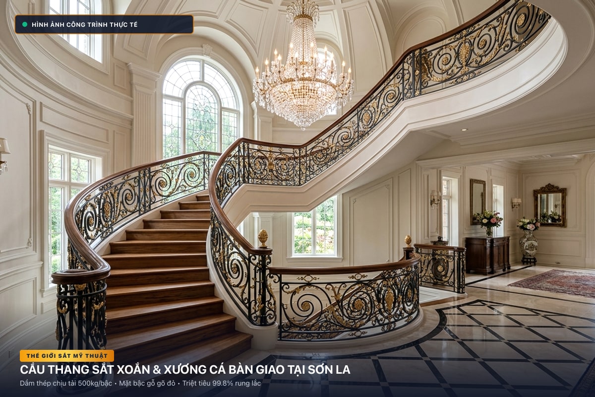 Thi công cầu thang sắt xoắn ốc 3D và xương cá dầm hộp tại Sơn La - Thế Giới Sắt Mỹ Thuật