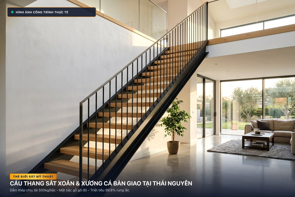 Thi công cầu thang sắt xoắn ốc 3D và xương cá dầm hộp tại Thái Nguyên - Thế Giới Sắt Mỹ Thuật