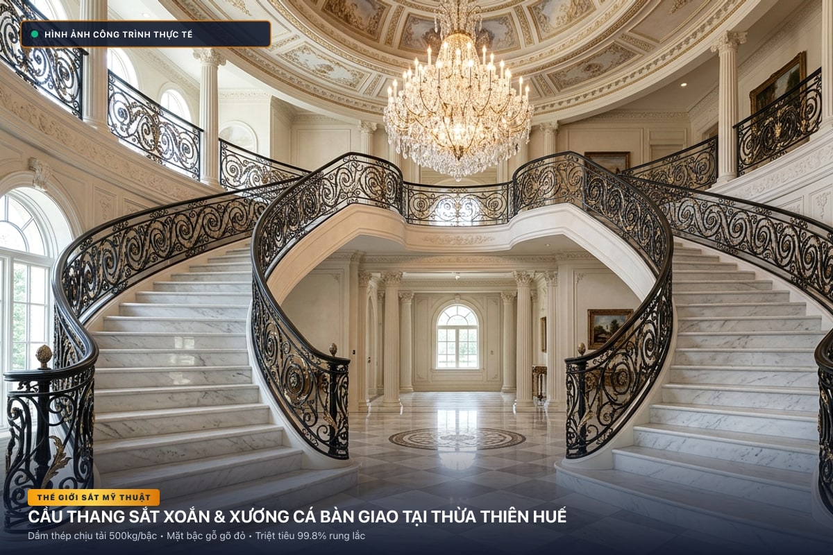 Thi công cầu thang sắt xoắn ốc 3D và xương cá dầm hộp tại Thừa Thiên Huế - Thế Giới Sắt Mỹ Thuật