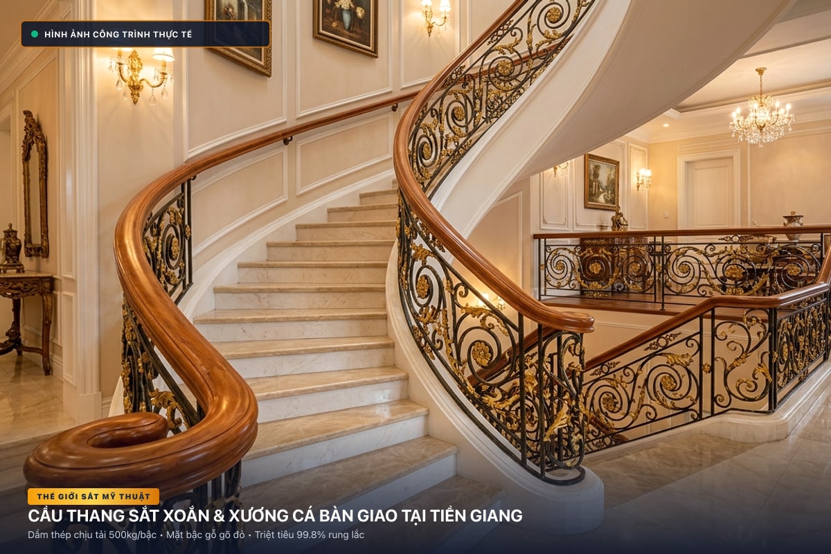 Thi công cầu thang sắt xoắn ốc 3D và xương cá dầm hộp tại Tiền Giang - Thế Giới Sắt Mỹ Thuật