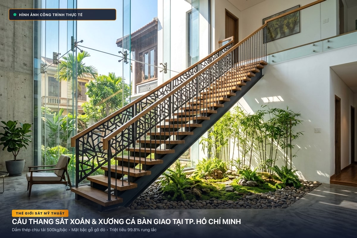 Thi công cầu thang sắt xoắn ốc 3D và xương cá dầm hộp tại TP. Hồ Chí Minh - Thế Giới Sắt Mỹ Thuật