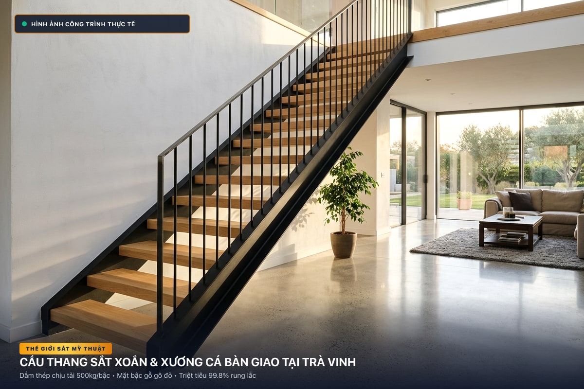 Thi công cầu thang sắt xoắn ốc 3D và xương cá dầm hộp tại Trà Vinh - Thế Giới Sắt Mỹ Thuật
