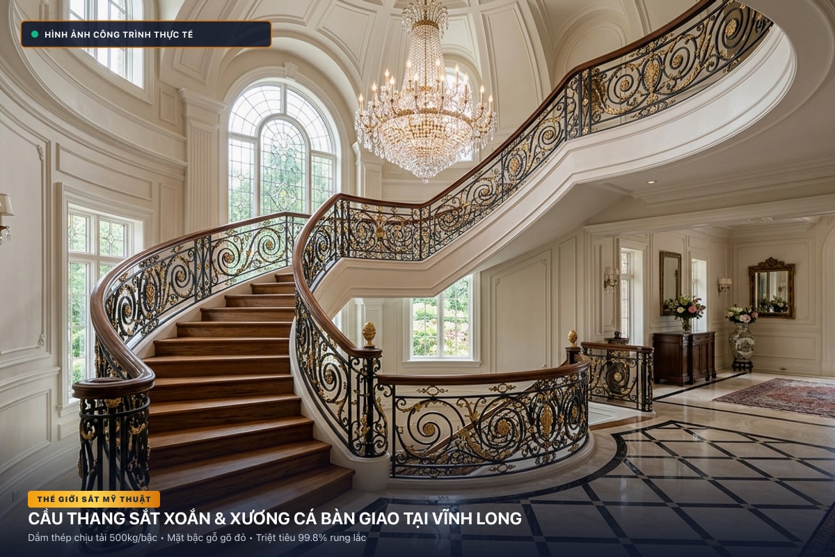 Thi công cầu thang sắt xoắn ốc 3D và xương cá dầm hộp tại Vĩnh Long - Thế Giới Sắt Mỹ Thuật