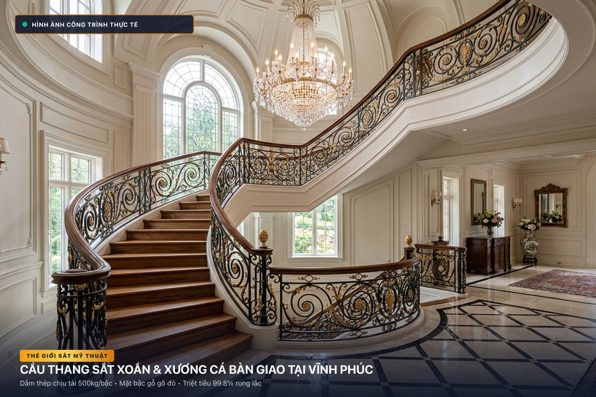 Thi công cầu thang sắt xoắn ốc 3D và xương cá dầm hộp tại Vĩnh Phúc - Thế Giới Sắt Mỹ Thuật
