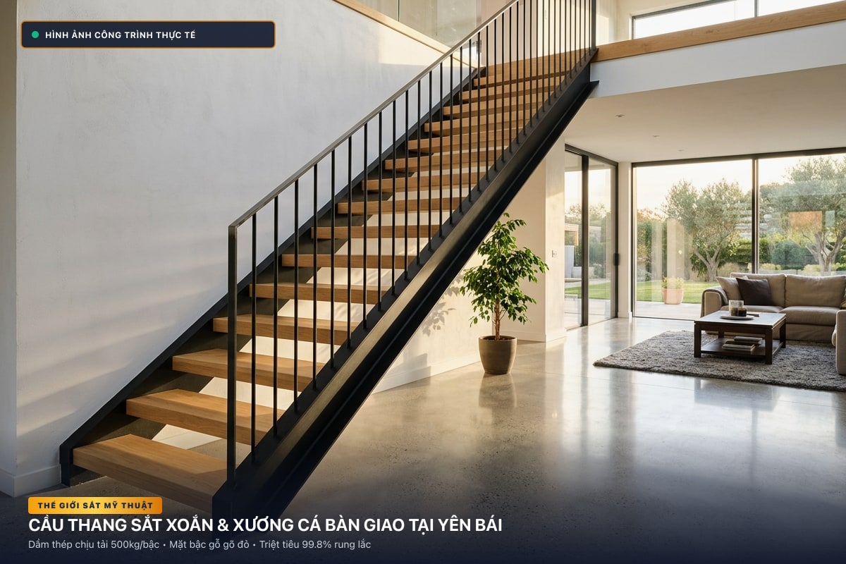 Thi công cầu thang sắt xoắn ốc 3D và xương cá dầm hộp tại Yên Bái - Thế Giới Sắt Mỹ Thuật