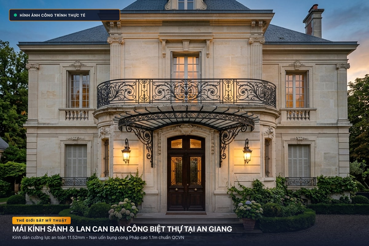 Thi công mái kính nghệ thuật sảnh biệt thự và lan can ban công sắt uốn tại An Giang