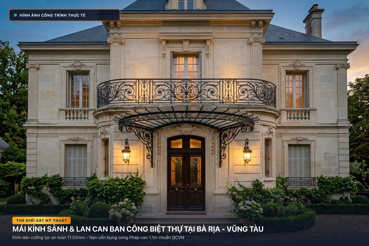 Thi công mái kính nghệ thuật sảnh biệt thự và lan can ban công sắt uốn tại Bà Rịa - Vũng Tàu