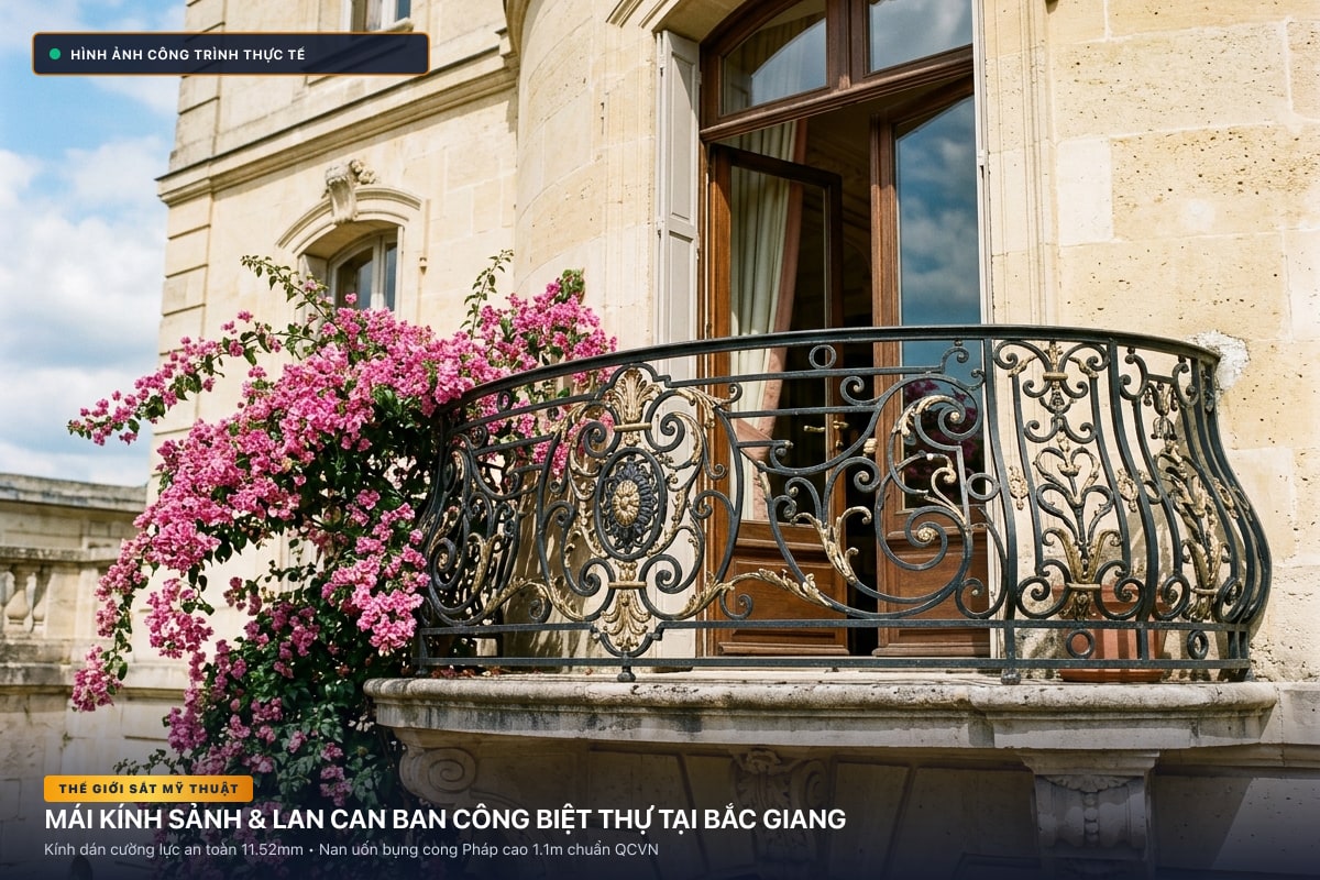 Thi công mái kính nghệ thuật sảnh biệt thự và lan can ban công sắt uốn tại Bắc Giang