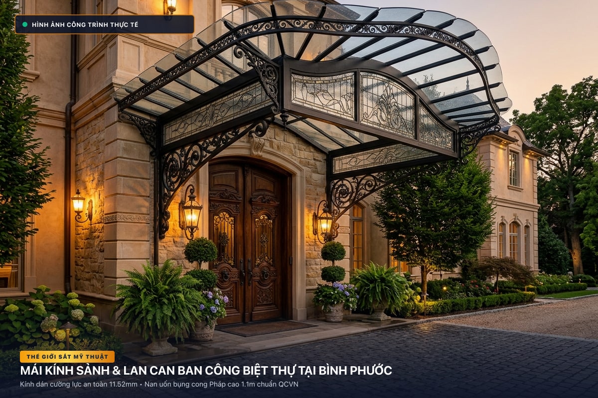 Thi công mái kính nghệ thuật sảnh biệt thự và lan can ban công sắt uốn tại Bình Phước