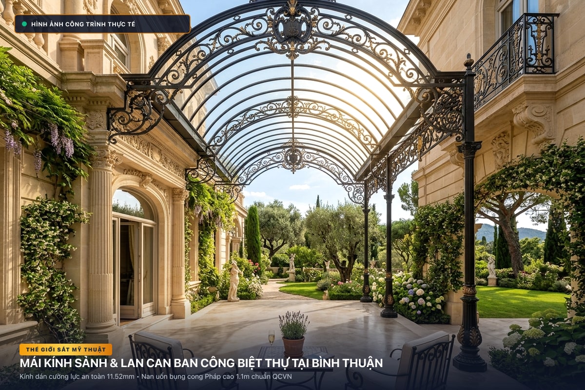 Thi công mái kính nghệ thuật sảnh biệt thự và lan can ban công sắt uốn tại Bình Thuận