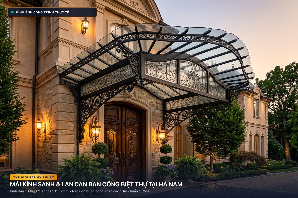 Thi công mái kính nghệ thuật sảnh biệt thự và lan can ban công sắt uốn tại Hà Nam