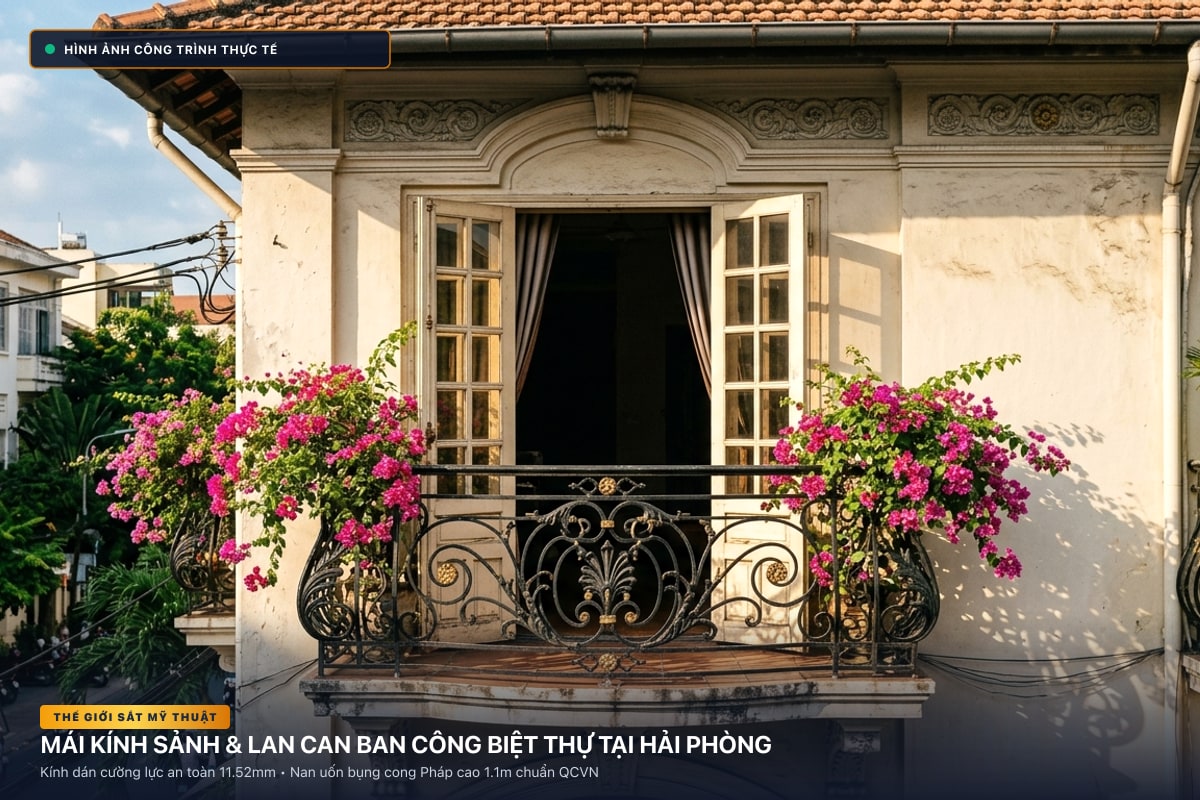 Thi công mái kính nghệ thuật sảnh biệt thự và lan can ban công sắt uốn tại Hải Phòng