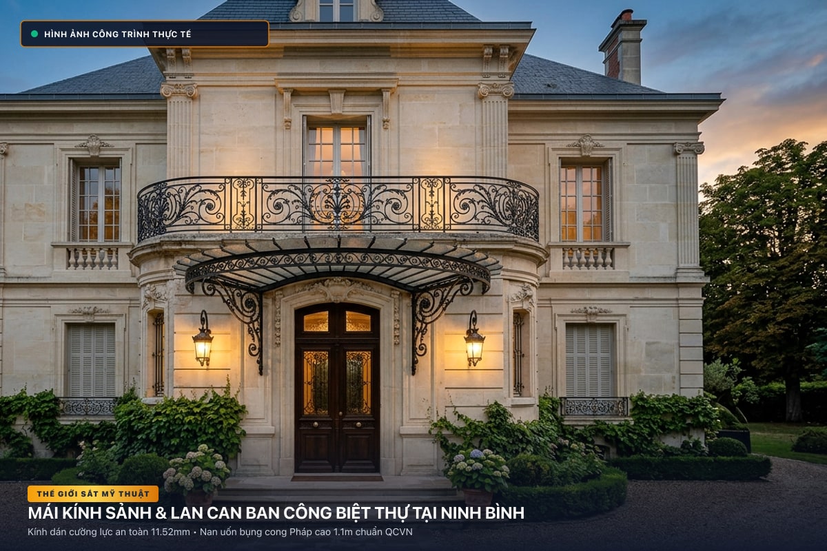 Thi công mái kính nghệ thuật sảnh biệt thự và lan can ban công sắt uốn tại Ninh Bình