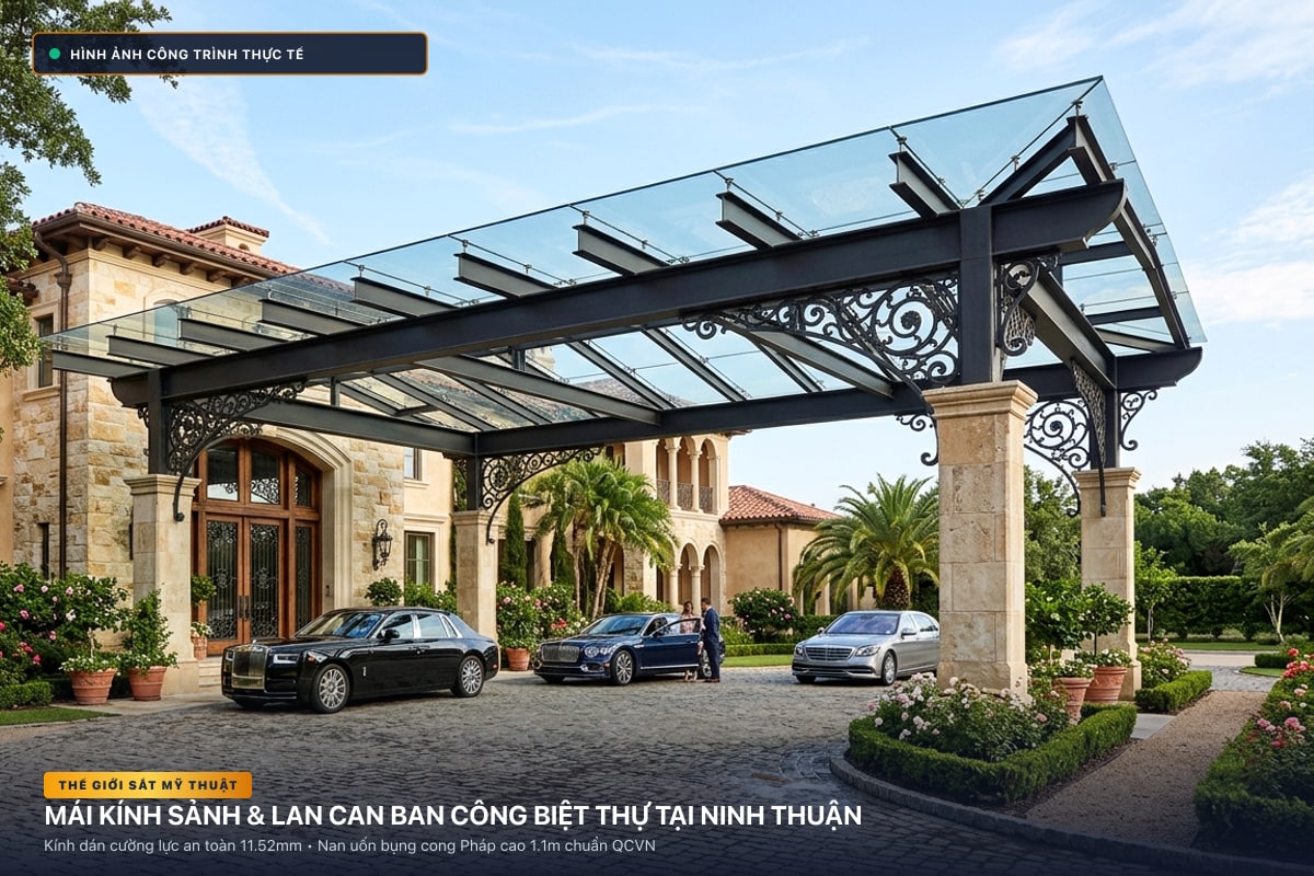 Thi công mái kính nghệ thuật sảnh biệt thự và lan can ban công sắt uốn tại Ninh Thuận