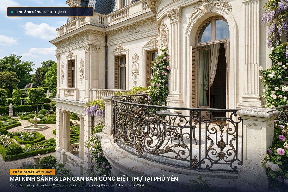 Thi công mái kính nghệ thuật sảnh biệt thự và lan can ban công sắt uốn tại Phú Yên